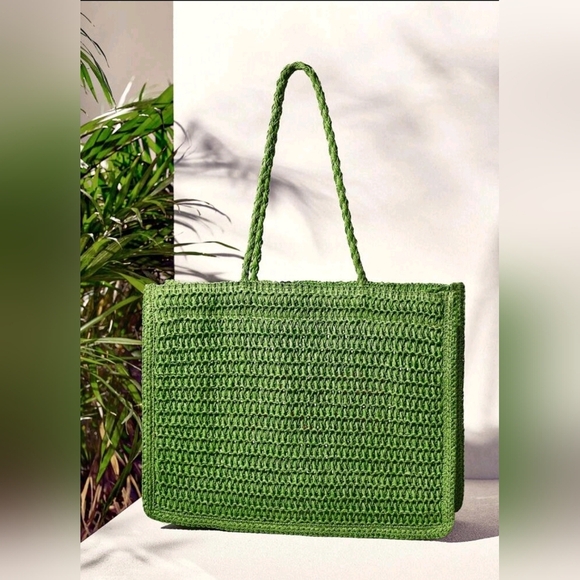 Crocheted Green Tote Bag Summer Vibes with Statement Beach Bag For Woman - Picture 5 of 6